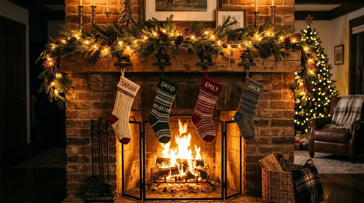 Fireplace with stockings and gar