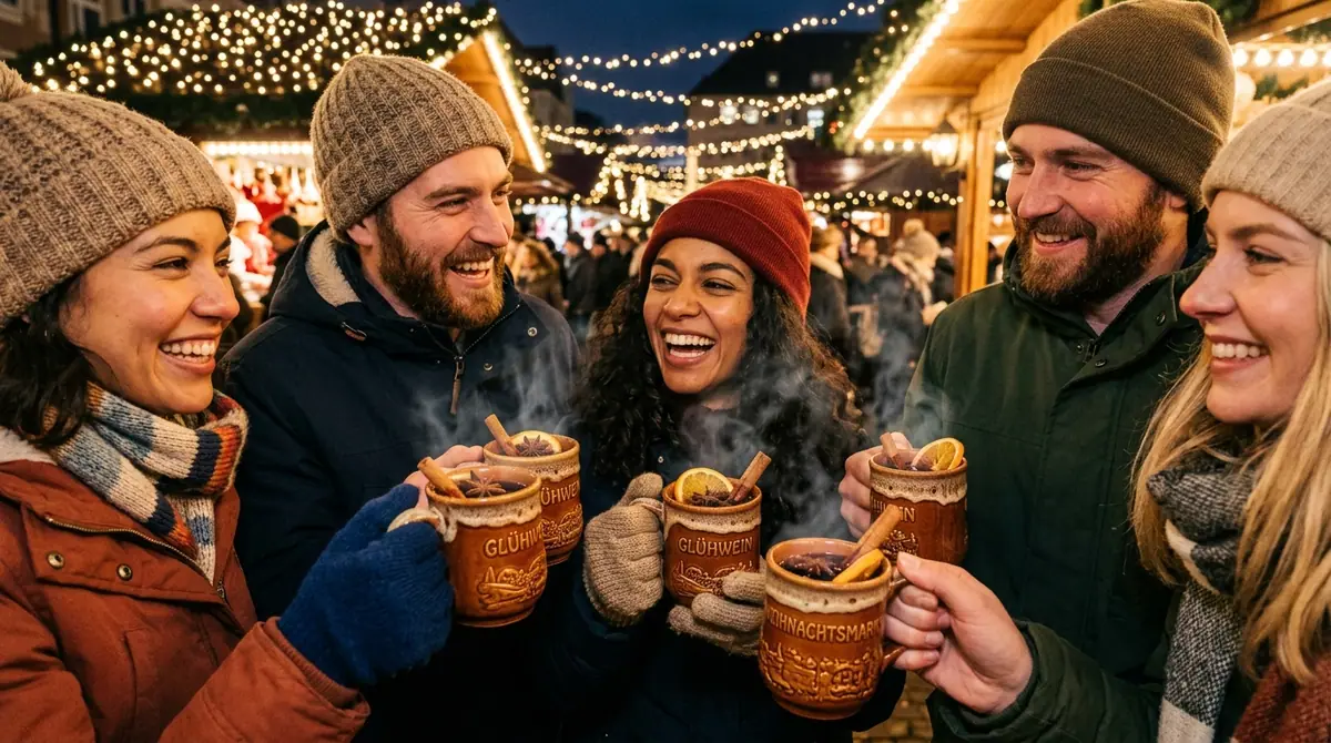 Friends holding mulled wine mugs