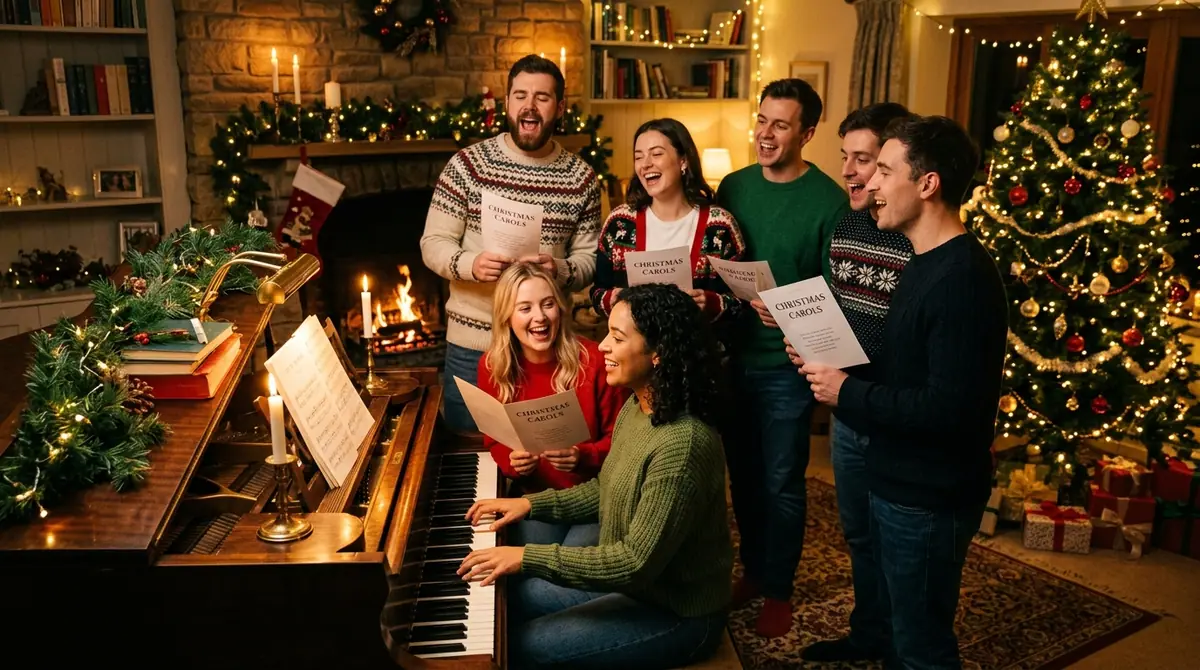 Friends singing around piano