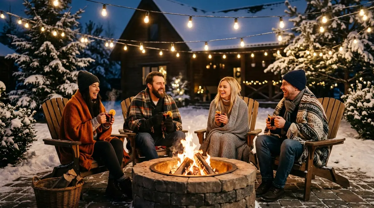 Friends sitting around fire pit
