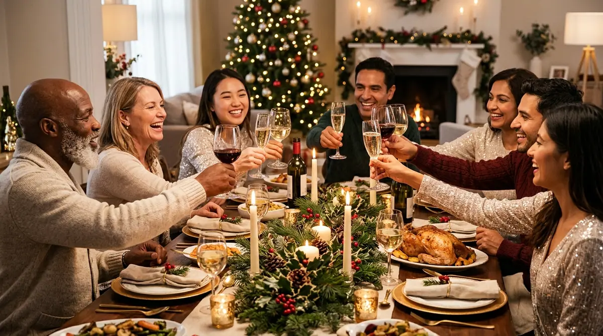 Friends toasting at christmas di