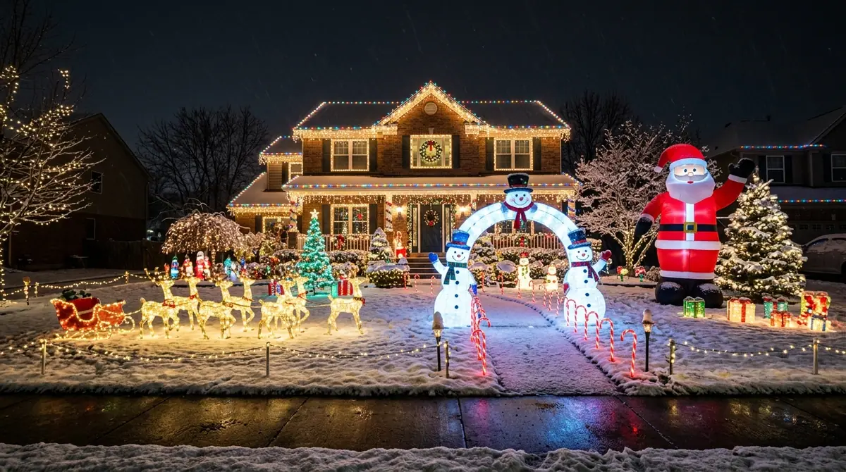 Front yard holiday display glowing