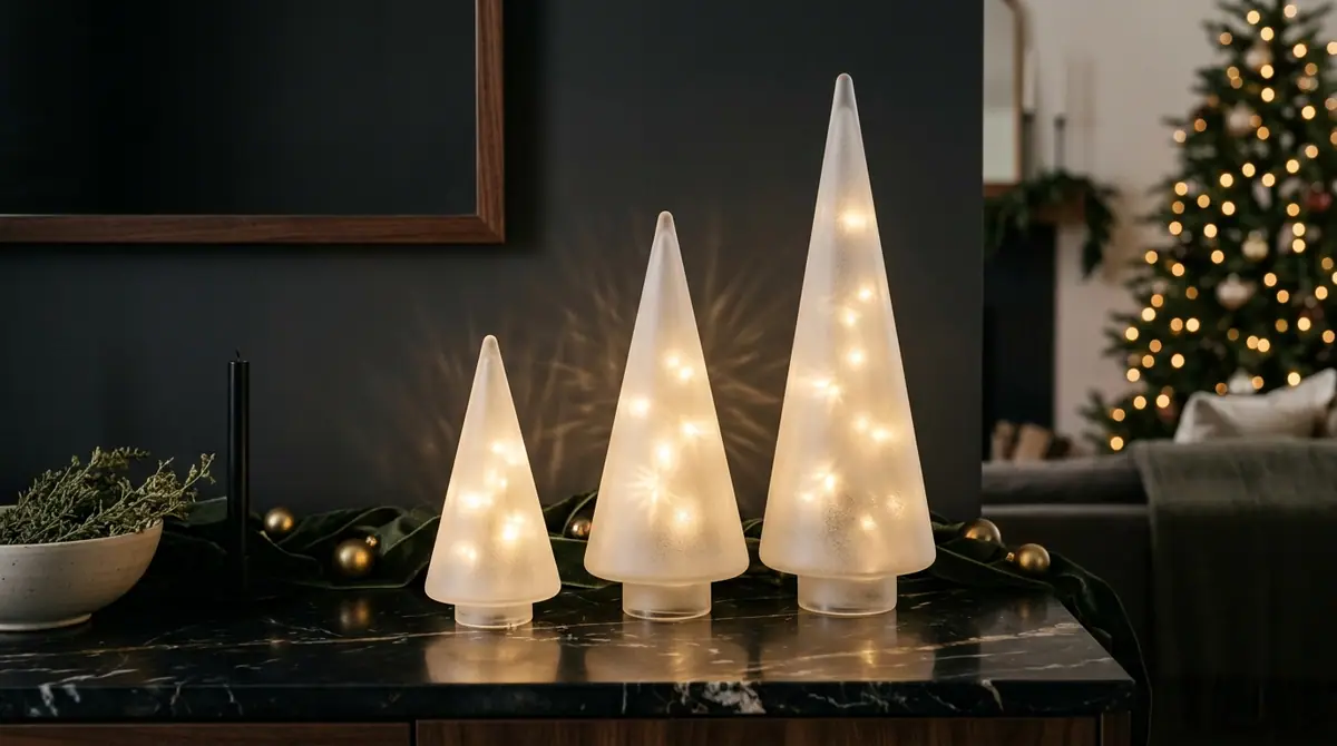Frosted glass cone trees glowing