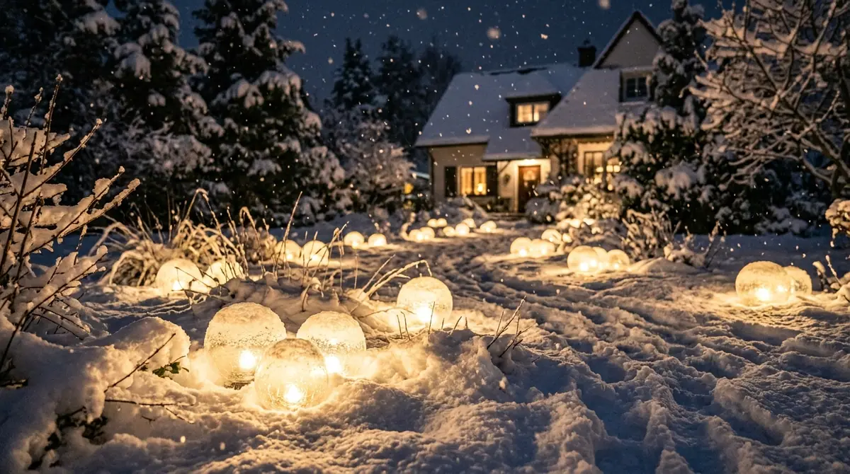Frosted glass lawn lights glowing