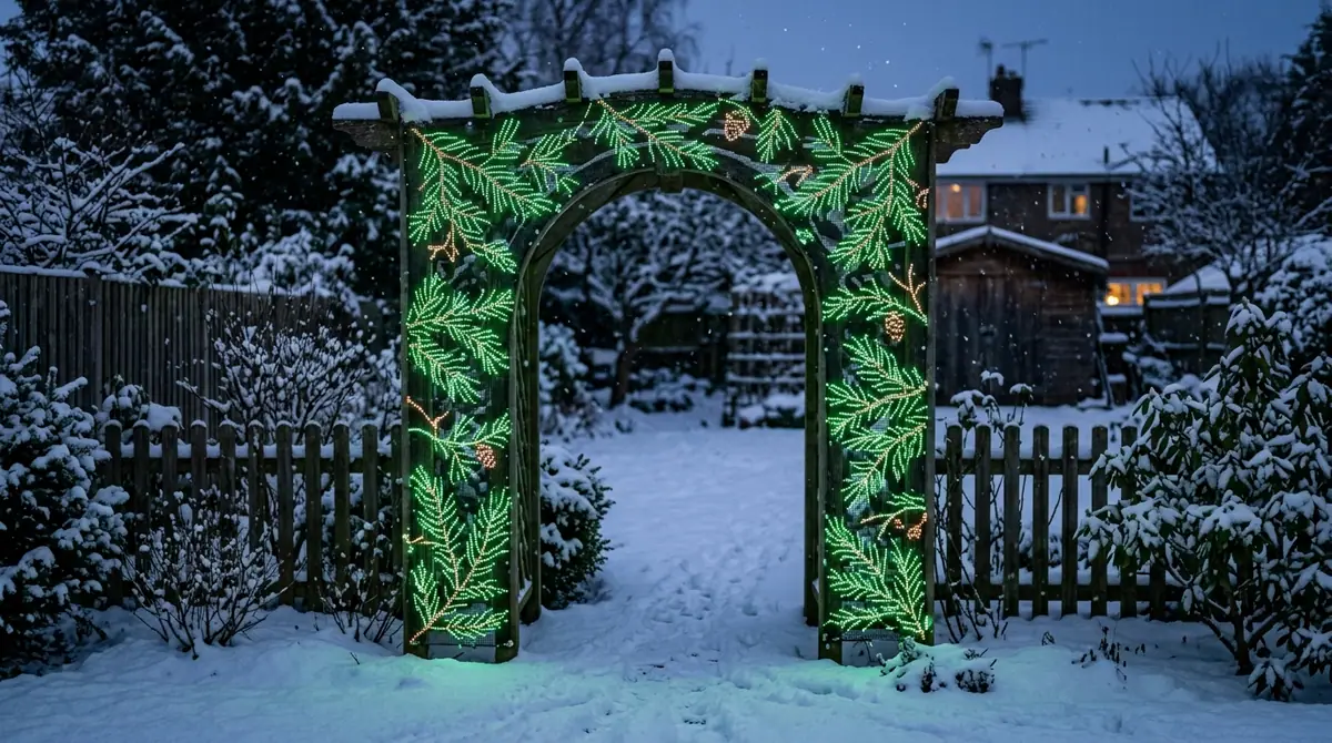 Garden trellis displaying pine p