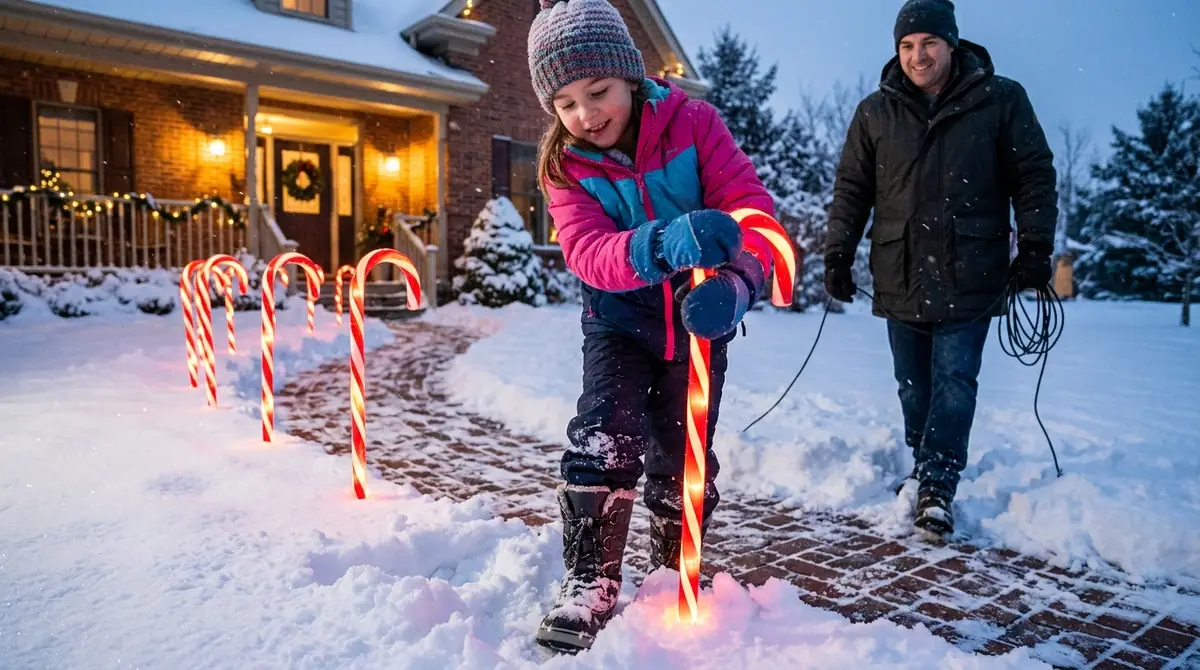 Girl pushing candy cane stakes
