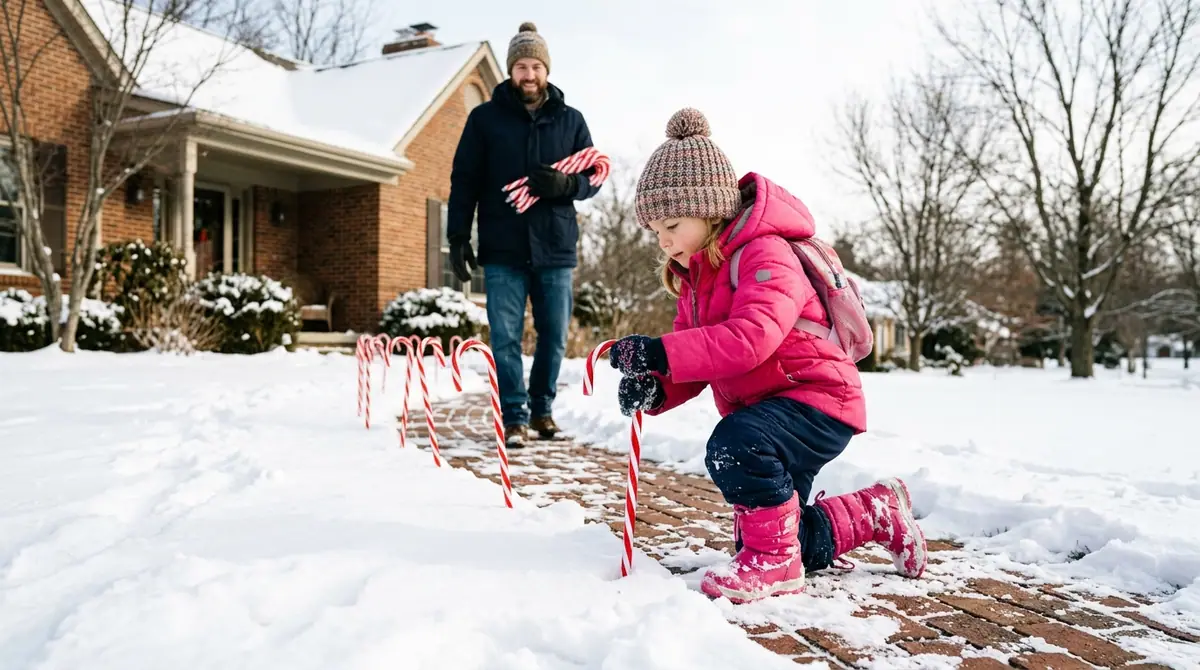 Girl pushing candy cane stakes