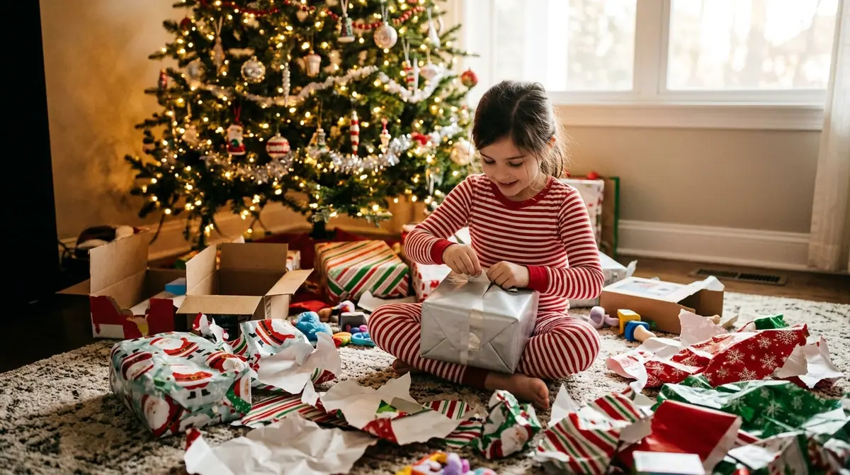 Girl unwrapping gift box