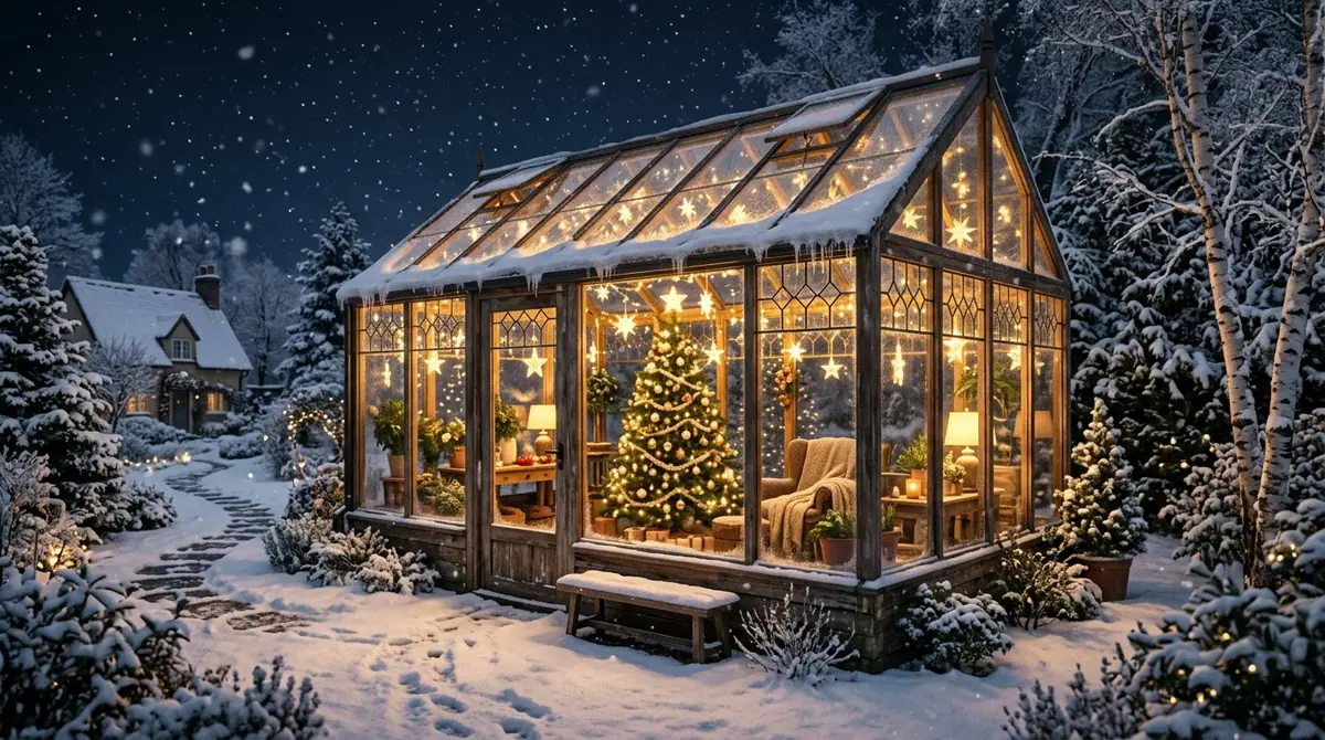 Glass greenhouse with christmas