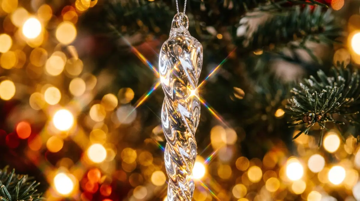 Glass icicle hanging from branch