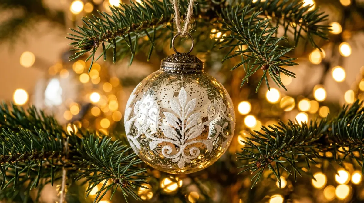 Glass ornament on pine branch
