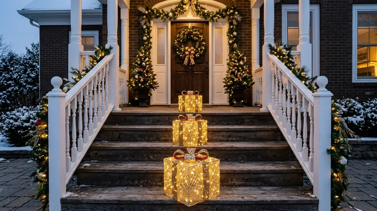 Gold gift boxes on steps