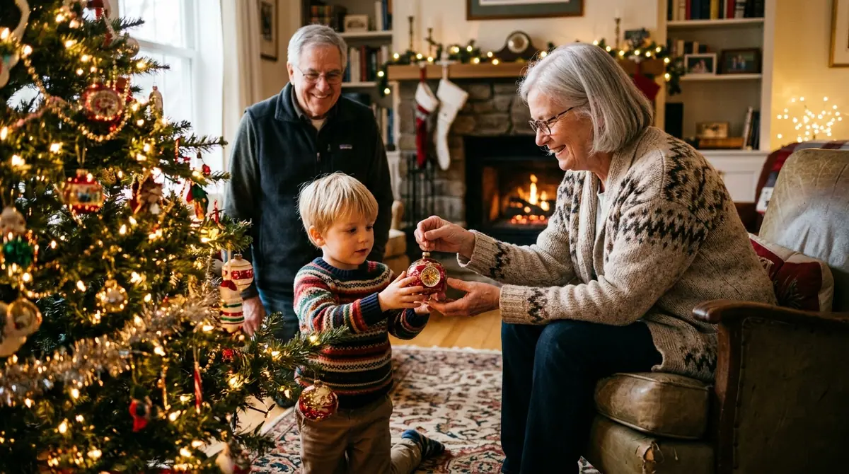 Grandmother giving ornament to g