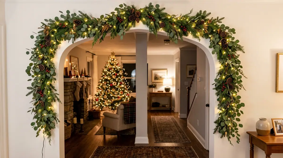 Green garland on arched doorway