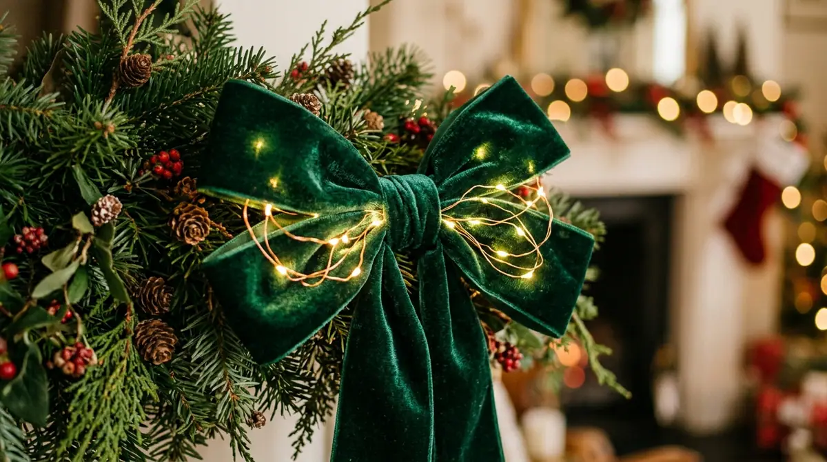 Green ribbon tied on garland