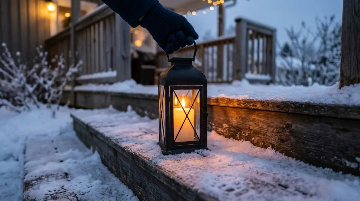 Hand placing lantern on snow