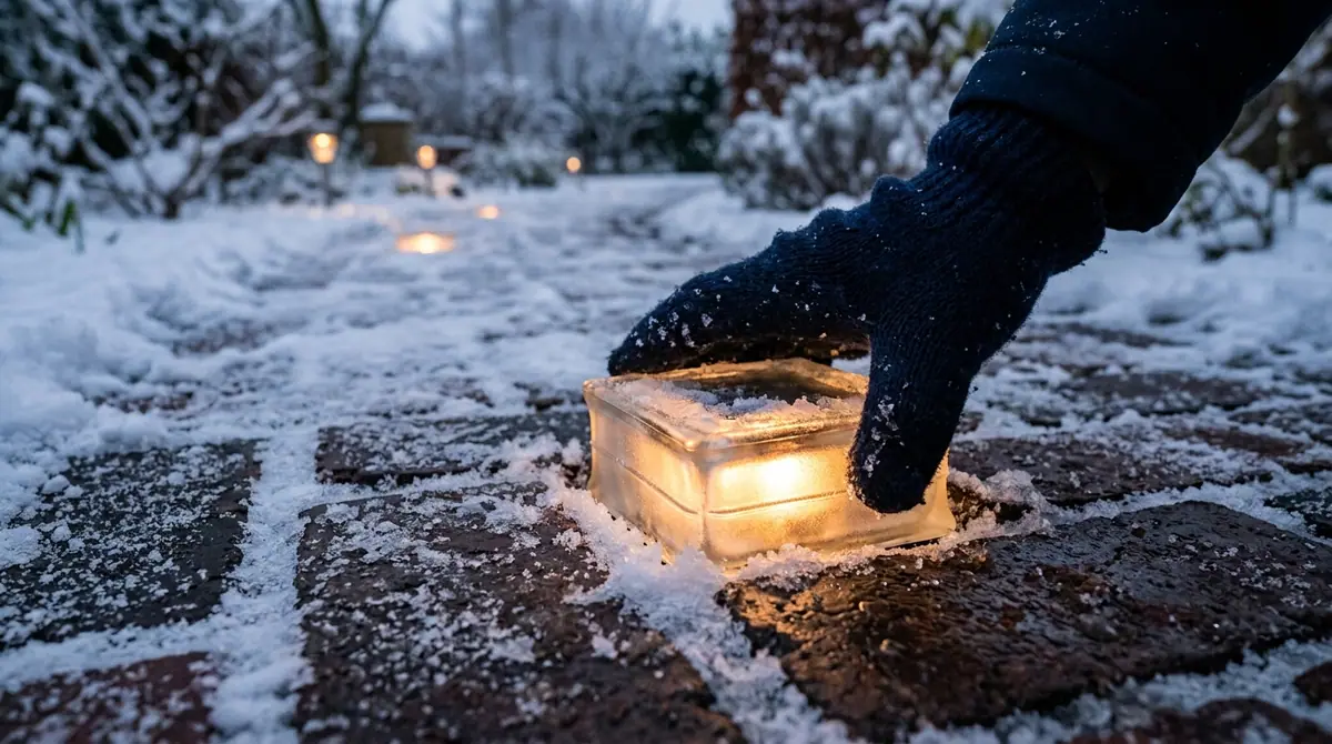 Hand placing solar brick light