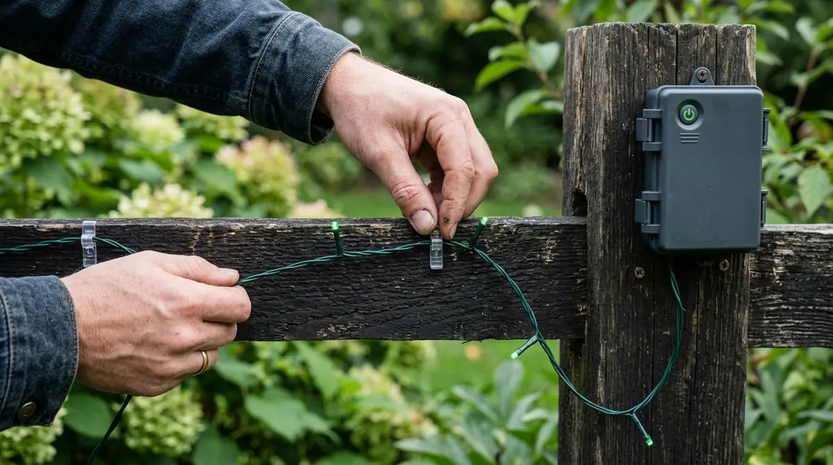 Hands attaching lights to fence