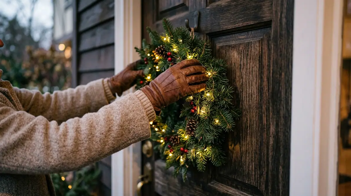 Hands hanging wreath on door