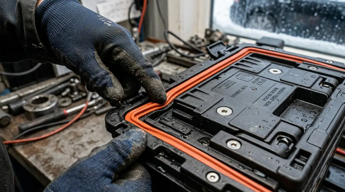 Hands inspecting battery box seal