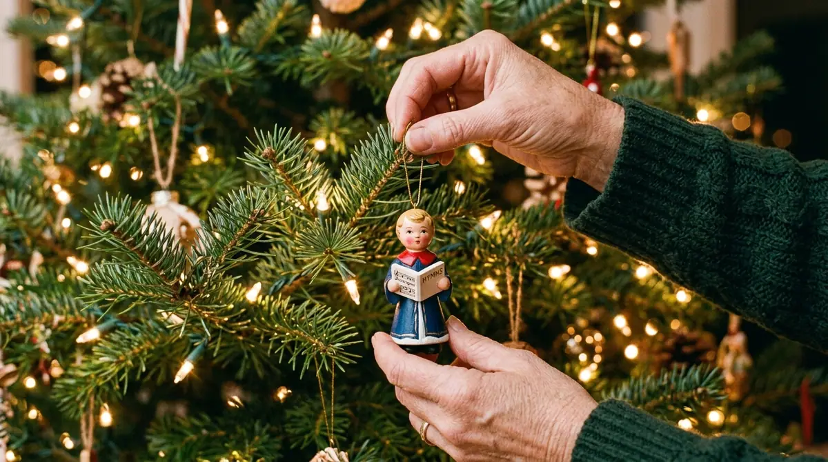 Hanging ornaments on pine branches