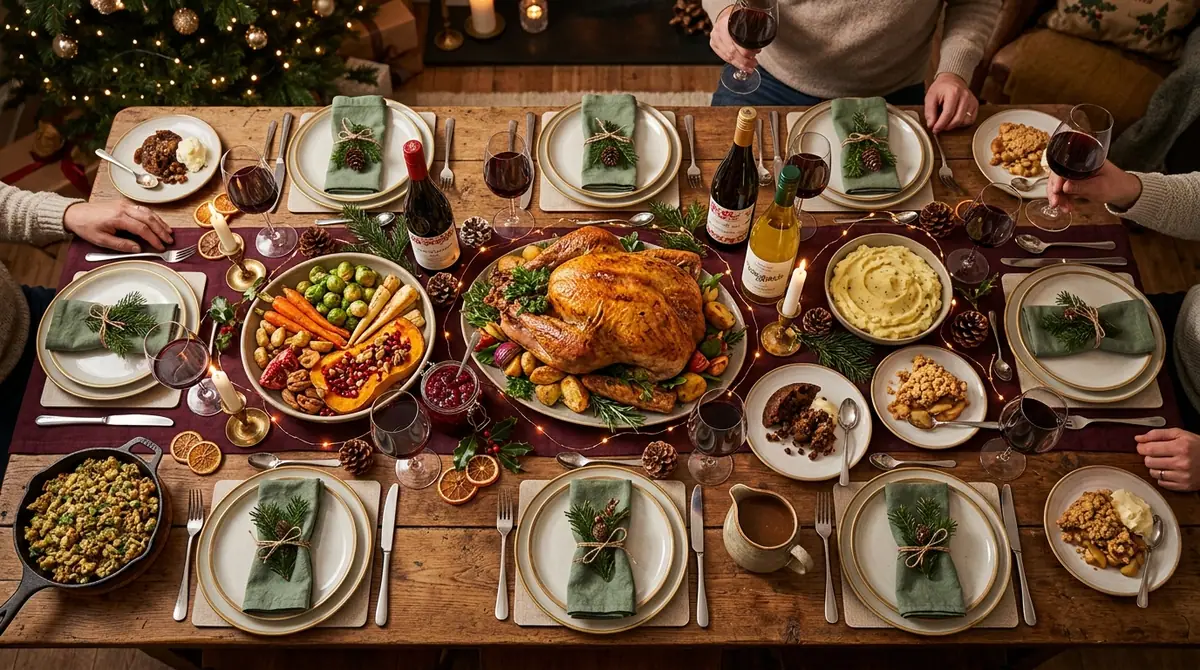 Holiday dining table with food