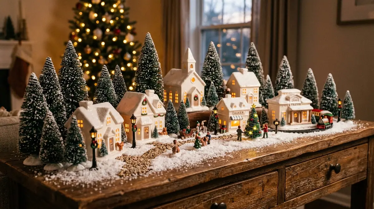 Holiday village display on table