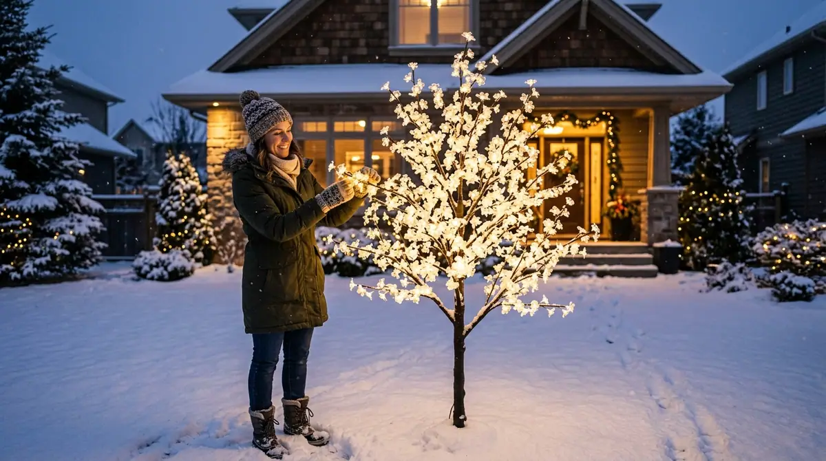 Homeowner adjusting artificial tree