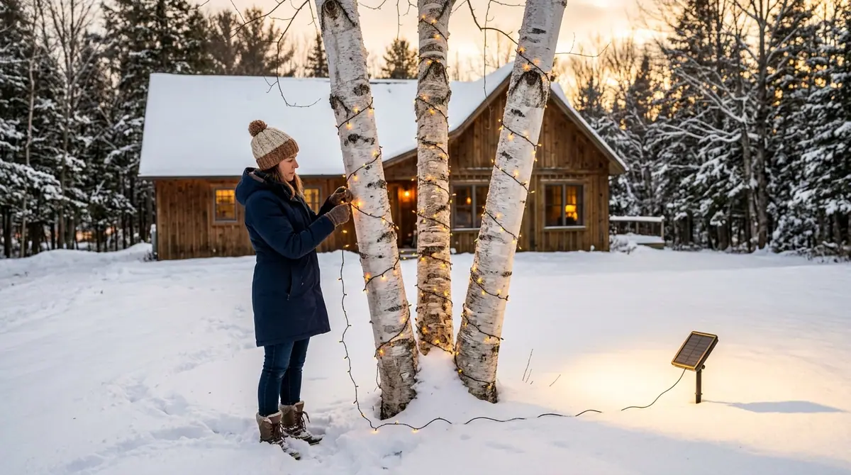 Homeowner wrapping trees with li