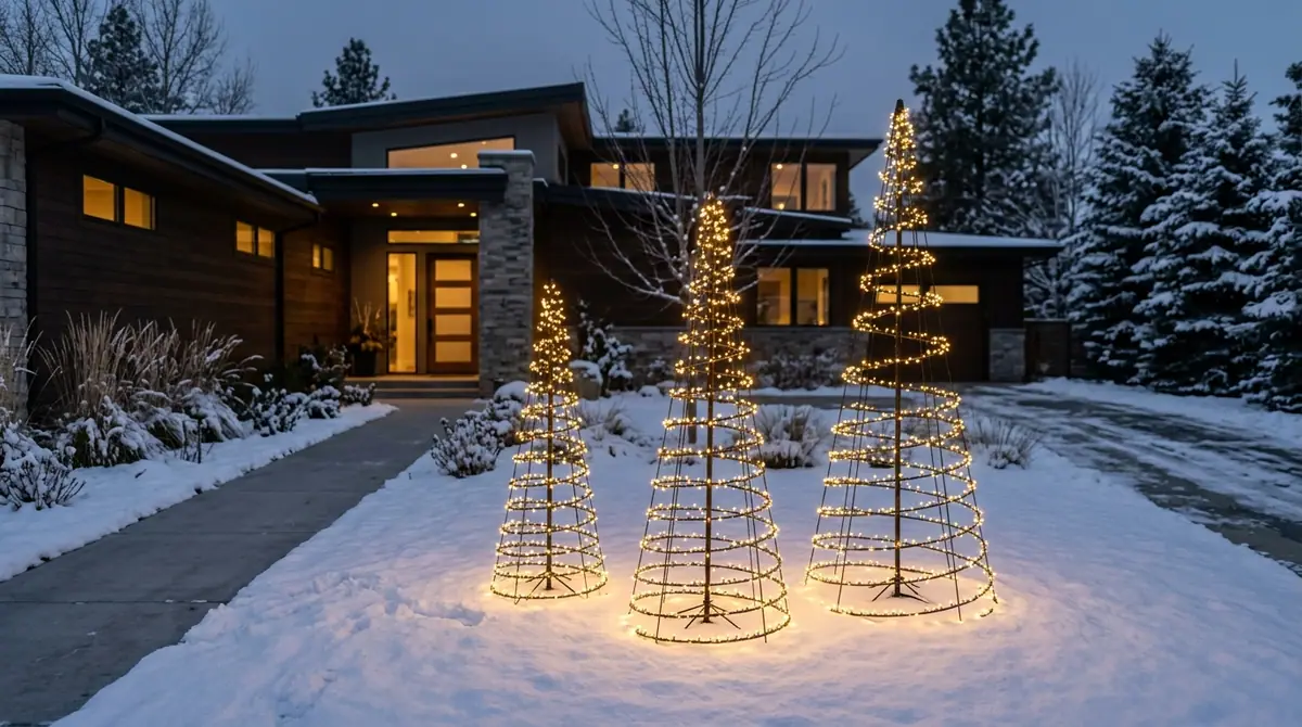 Illuminated christmas trees on snow