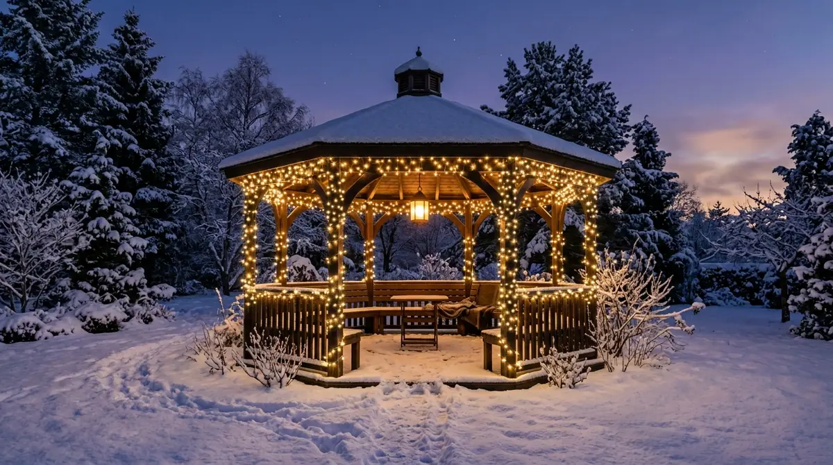 Illuminated wooden gazebo in snow