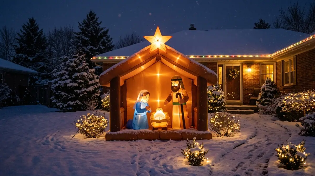 Inflatable nativity scene in snow