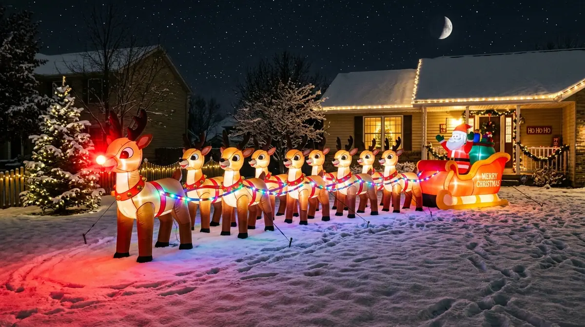 Inflatable reindeer sleigh on lawn