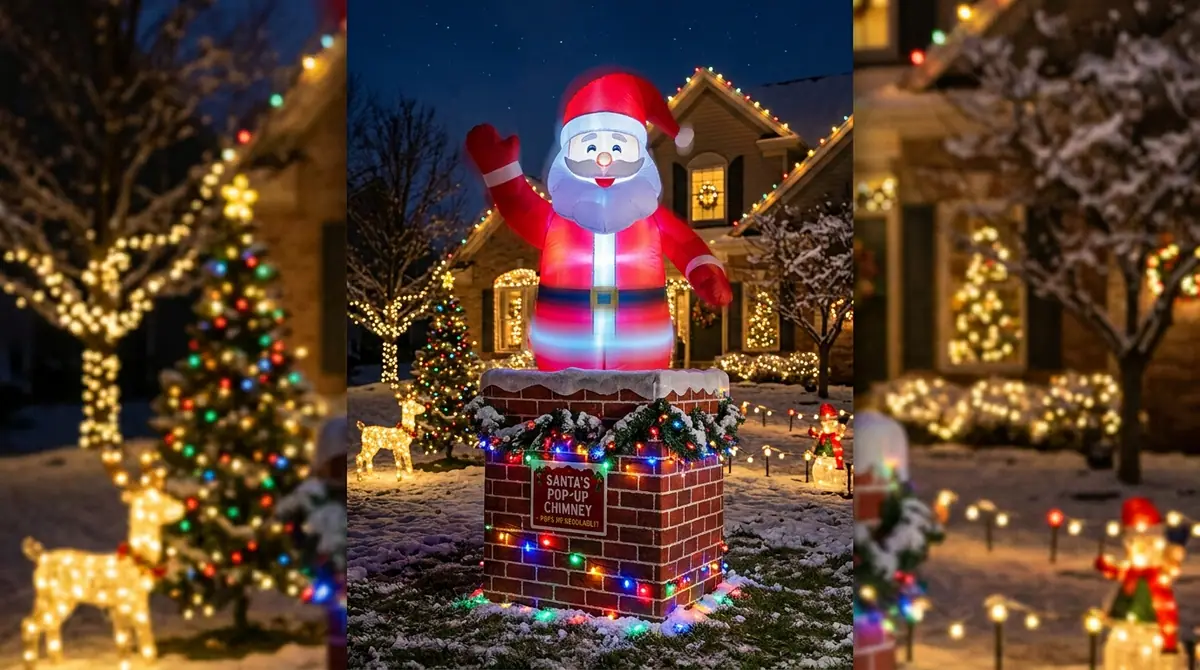 Inflatable santa pops out chimney