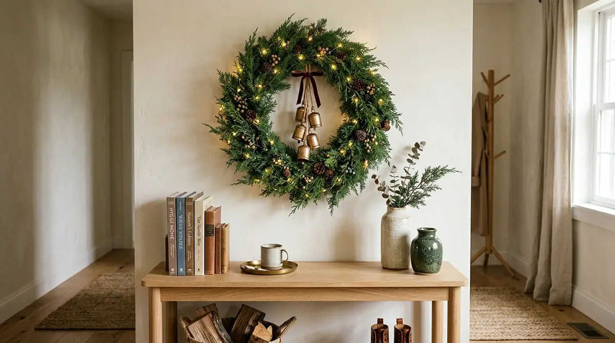 Juniper wreath on entryway table
