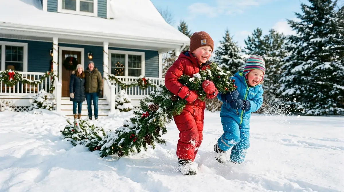 Kids dragging pine garland