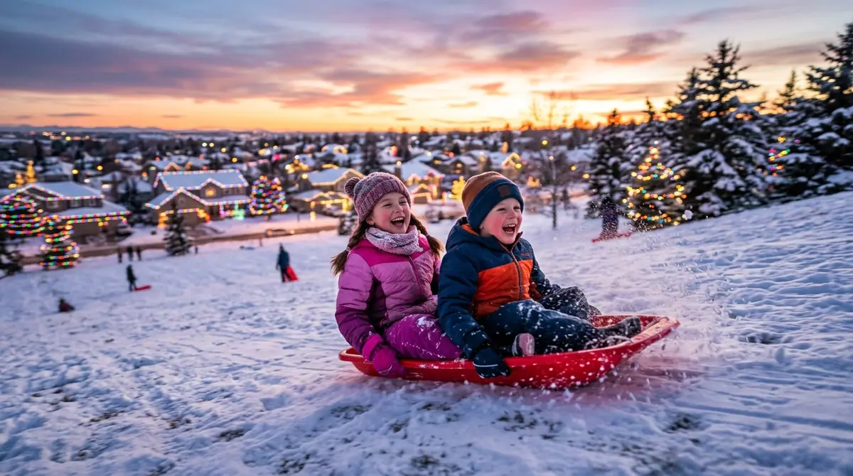 Kids sliding down snowy hill