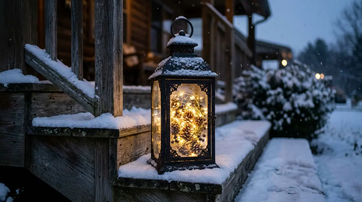 Lantern glowing on snowy steps