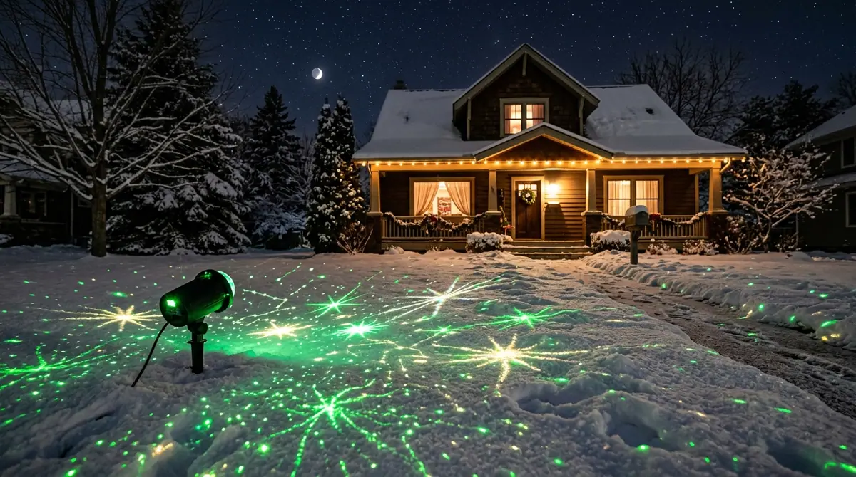 Laser projector on snowy lawn