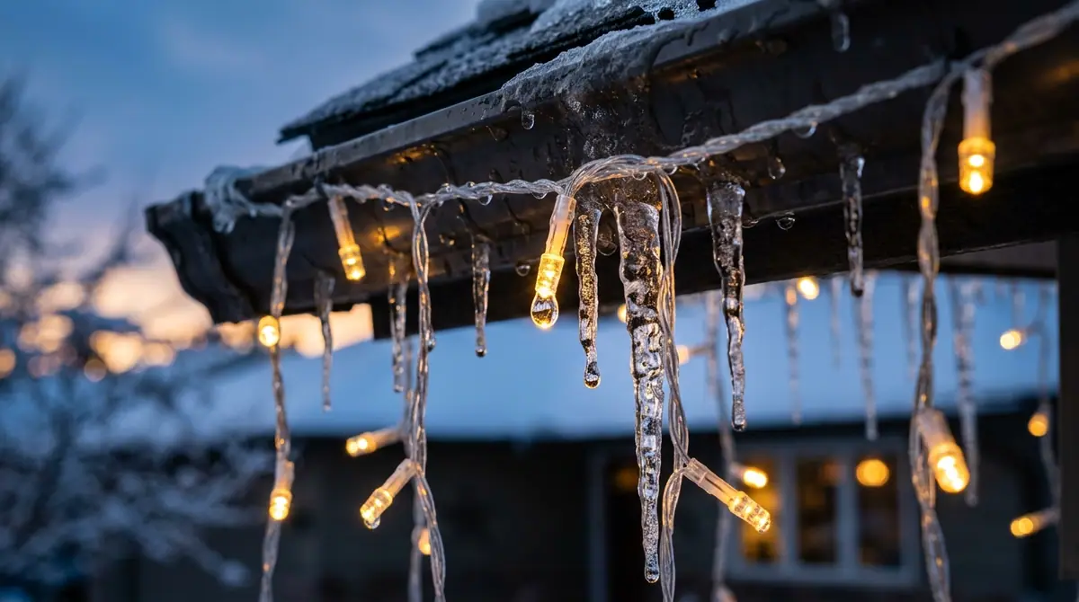 Led icicle lights near roof