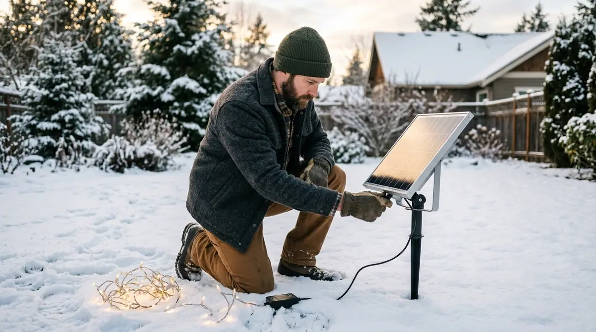 Man adjusting solar christmas li