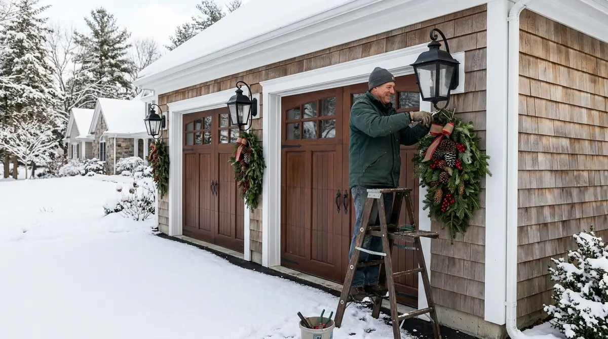 Man attaching swags on garage