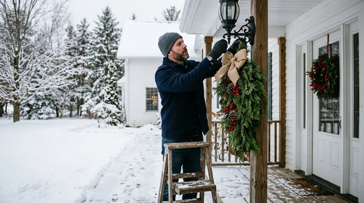 Man hanging cedar swag