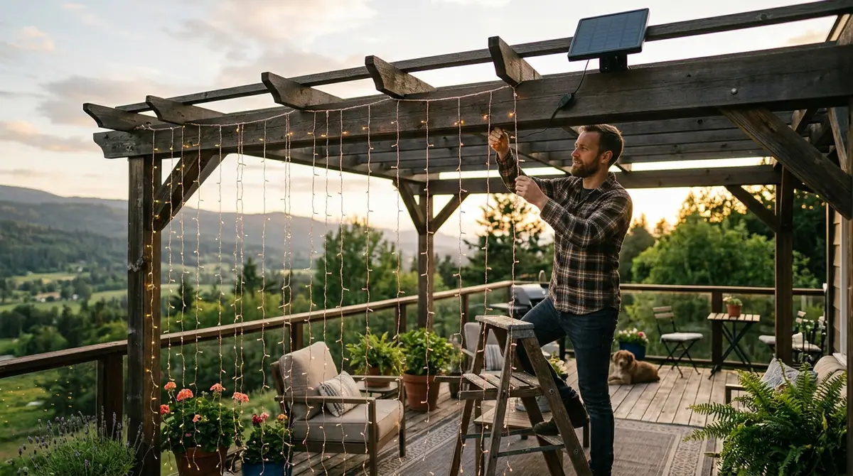 Man hanging fairy lights