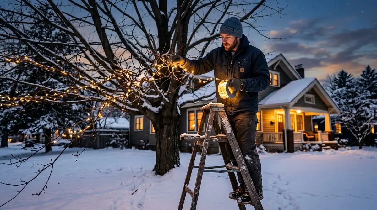 Man hanging lights on tree