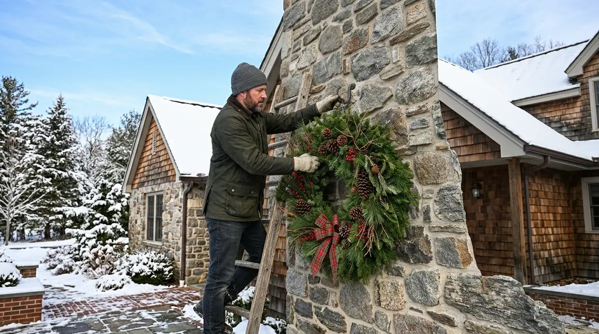 Man mounting wreath on chimney
