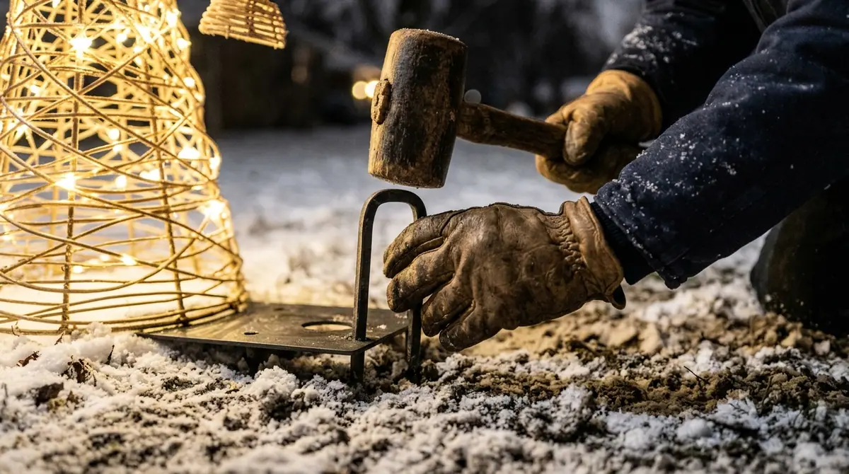 Man securing metal stakes with