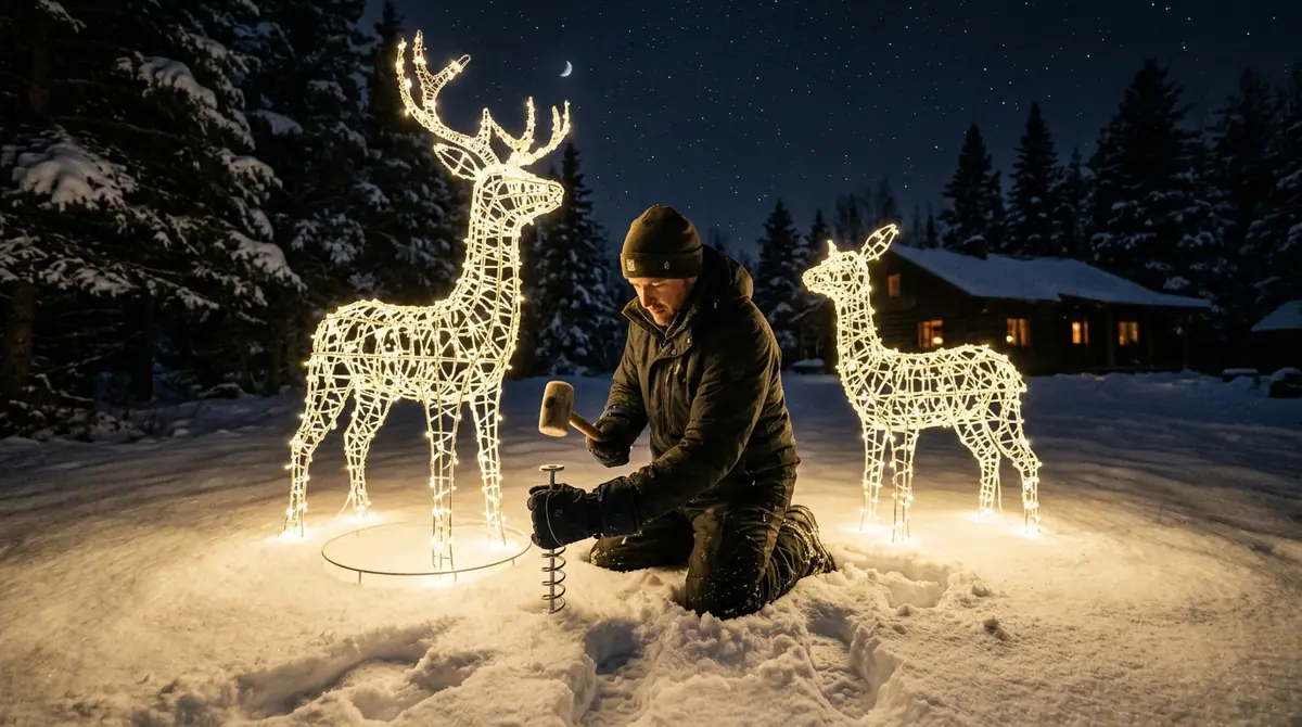 Man securing wireframe deer figures