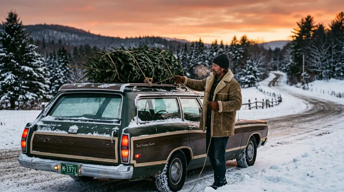 Man tying tree on car