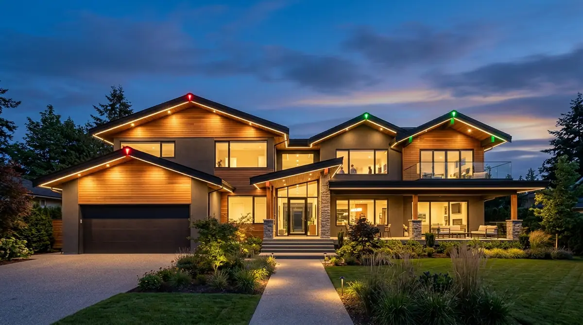 Modern home with outdoor lights
